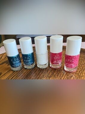 Bundle of 5 New Icing Nail Polish bottles Teal & Pink glitter, white. Vegan